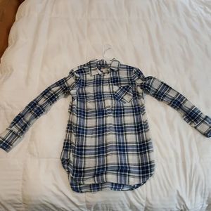 Dark blue, light blue and white button down top